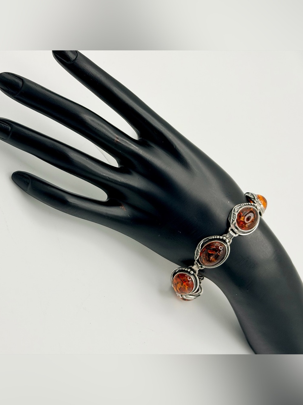 Vintage Oxidized Sterling Silver Leaf Pattern w/Oval Amber Cabochons Bracelet - Picture 5 of 16
